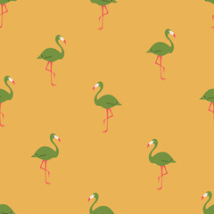 Seamless bright repeat vector retro gold yellow and green tropical flamingo pattern