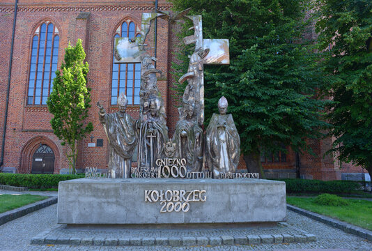 Kolobrzeg, Poland 07-22-2020 memorial for the catholic popes in front of the cathedral