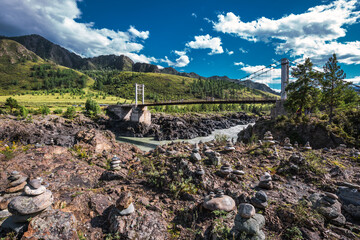 Mountain landscape with a bridge over the Katun river. Altai republic