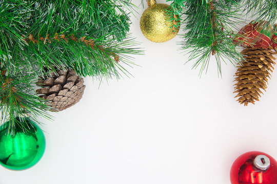 Background image with Christmas tree and New Year's toys. Copy space.