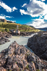 Mountain landscape with a bridge over the Katun river. Altai republic