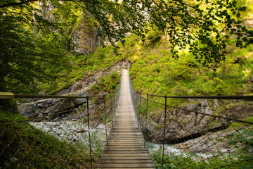Obraz premium Hiking through the so called Grießbachklamm, a little creek leading through a gorge canyon at a cloudy day in summer.