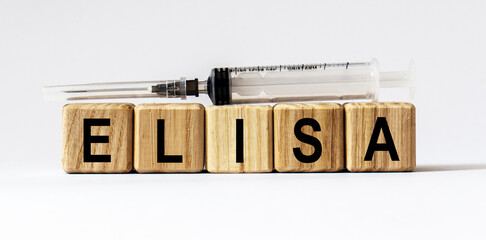 Text ELISA made from wooden cubes. White background