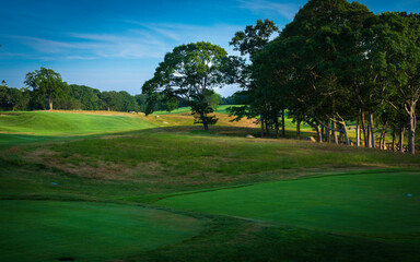 Greenfield with hills, trees and tee box on the rural golf course