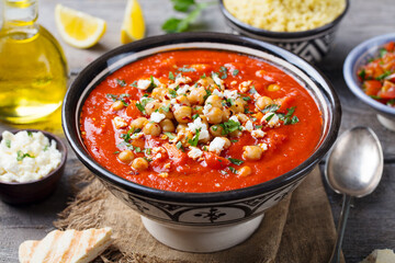 Chickpea soup. Moroccan traditional dish. Wooden background. Close up.