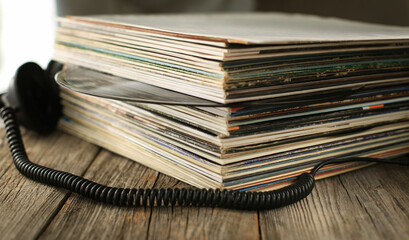 A stack of favorite vinyl records on a wooden table with guides.