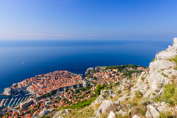 Sightseeing of Croatia. Aerial view of Dubrovnik old town and Adriatic sea, Dubrovnik town, Croatia