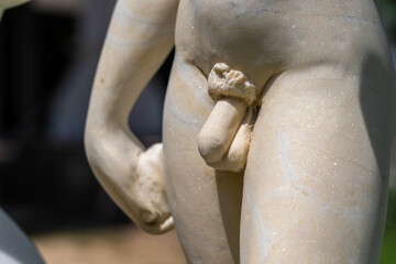 Detail marble statue of male genitals. Public sculpture detail of a young man in tropical garden in Da Nang, Vietnam - obrazy, fototapety, plakaty