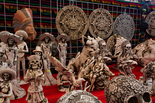 Sale of skull and catrine handicrafts at local market