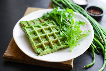 waffles green spinach, green beans, vegetables natural portion serving size healthy eating top view copy space for text keto or paleo diet