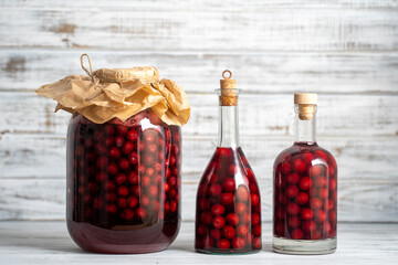 Homemade tincture of red cherry. Berry alcoholic drinks concept. Red wine made from ripe cherries in glass bottles and jars in Ukraine - obrazy, fototapety, plakaty