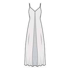 Camisole technical fashion illustration with deep V-neck, front button fastening, maxi ancle length, loose shape. Flat apparel template front, grey color. Women, men, unisex top CAD mockup