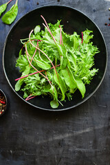 Healthy salad raw leaves mix salad micro greens serving size natural juicy snack. food background keto or paleo diet