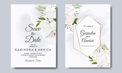  Elegant wedding invitation card template   with white  floral and leaves   Premium Vector