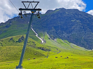 Ski lift or cable car in the area of Lake Melchsee and next to the tourist resort Melchsee-Frutt,...
