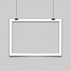 Fototapeta premium Realistic hanging empty photo card frame, film set. Retro vintage photograph. Digital snapshot image. Template or mockup for design. Vector illustration.