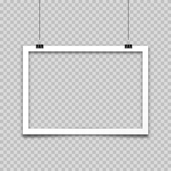 Realistic hanging empty photo card frame, film set. Retro vintage photograph. Digital snapshot image. Template or mockup for design. Vector illustration.