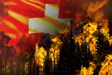 Big forest fire fight concept, natural disaster - burning fire in the trees on Switzerland flag background - 3D illustration of nature