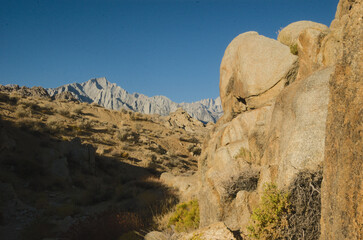 This is the eastern Serra's or Serra Nevada mountain range on eastern side and in California, Alabama Hills area, landscape.  Taken in early morning blue sky and full of color and scenic.