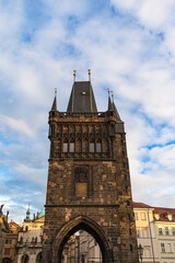 Fototapeta na wymiar Close up view of Old Town Bridge Tower on Charles Bridge over Vltava river in old town of Prague, Czech Republic