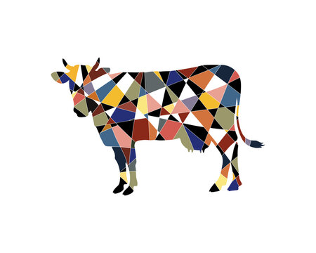 Vector cow in graphic style. Mosaic style cow made of black and colored pieces.