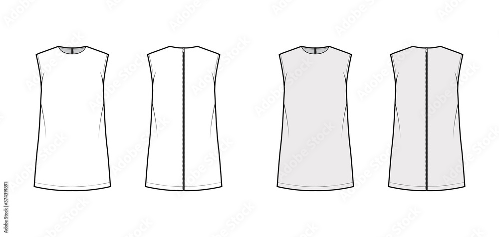 Wall mural Cady tunic technical fashion illustration with crew neckline, sleeveless, oversized, back zip fastening, elongated hem. Flat shirt template front back white grey color. Women men unisex top CAD mockup - Wall murals