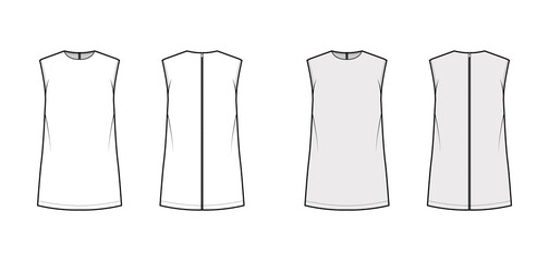 Cady tunic technical fashion illustration with crew neckline, sleeveless, oversized, back zip fastening, elongated hem. Flat shirt template front back white grey color. Women men unisex top CAD mockup