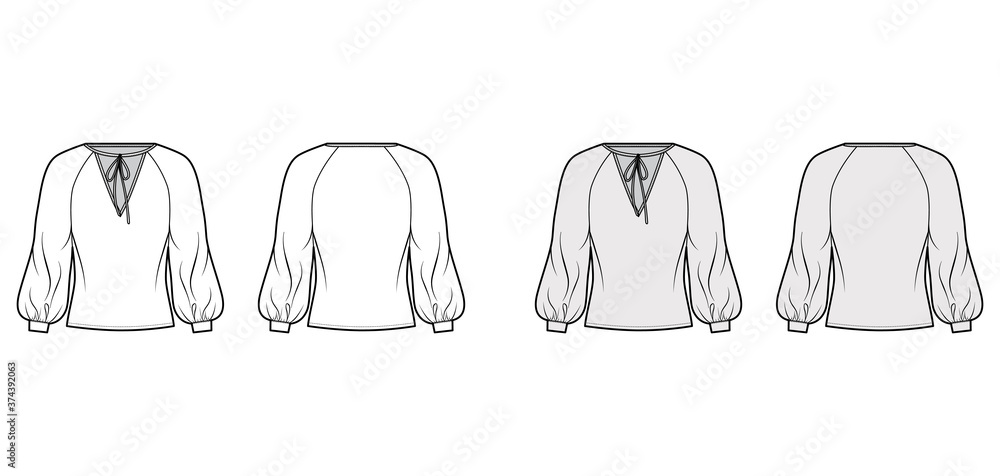 Sticker Tie-detailed neckline blouse technical fashion illustration with long raglan bishop sleeves, oversized, elongated hem. Flat shirt template front back white grey color. Women men, unisex top CAD mockup