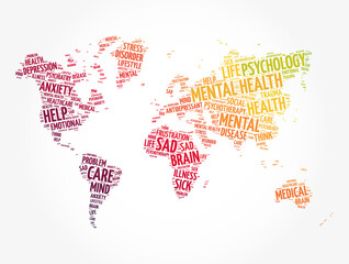 Fototapeta premium Mental health word cloud in shape of world map, social concept background