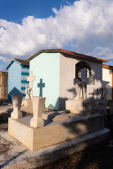 Tombs decorated with statues of angels in a cemetery in Culiacan