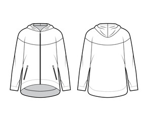 Zip-up oversized cotton-fleece hoodie technical fashion illustration with zipper jetted pockets, relaxed fit, long sleeves. Flat jumper template front, back, white color. Women, men sweatshirt top CAD © Vectoressa