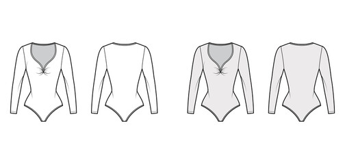 Stretch-jersey bodysuit technical fashion illustration with plunging gathered V-neck, long sleeves, . Flat one-piece apparel template front, back white grey color. Women men unisex swimsuit CAD mockup