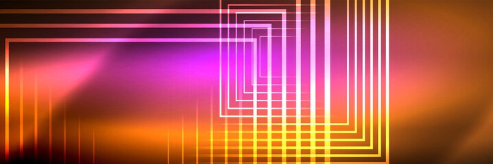 Shiny neon glowing techno lines, hi-tech futuristic abstract background template with square shapes