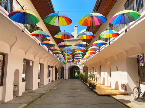 Empty colorful umbrellla street in Kosice, Slovakia