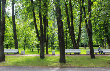 A lone man in a medical mask sits on a Park bench. Emptiness and loneliness during a pandemic on a summer day. The time of isolation.