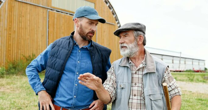Caucasian adult son walking outdoor with old father by farm and talking, asking for advice. Males farmers speaking and discussing farming work. Countryside. Discussion of two senior men.