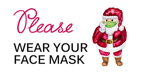 Weihnachtsmann mit Maske bzw. Mund-Nasen-Bedeckung in der Covid-19 Pandemie bittet um Masken tragen