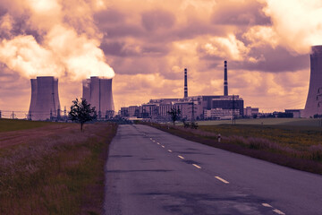 Nuclear power plant Dukovany in Czech Republic Europe. Sunset sky.