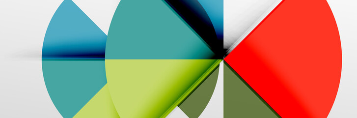 Bright color circles, abstract round shapes and triangles composition with shadow effects. Vector modern geometric design template