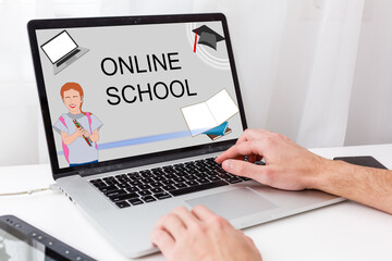 e-learning concept: online school on a laptop screen. Screen graphics are made up.