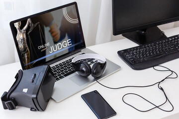Law icon with modern laptop computer on wooden table over office, Business legal service online concept