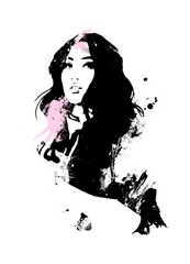 Fashion art. silhouette of asian woman. Black and white fashion illustration.