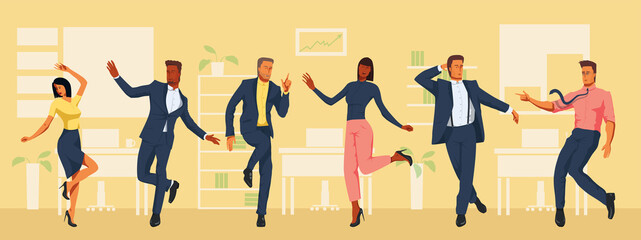 Employees of different age and ethnicity in business suits are having fun and standing in variable dancing poses in the office space. Elegant business men and women in Formal Suit. Team work banner.