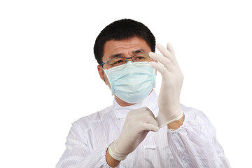 Scientist or Doctor is wearing PPE , Medical gloves and Covid-19 protective suit
