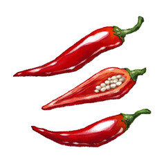 Red Pepper Paprika hand drawn watercolor illustration isolated on white. Set of mexican chili hot spicy, whole and sliced with seeds for vegetarian menu design