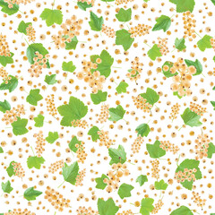 seamless pattern of bunches of white currants with leaves of different sizes on white isolated background
