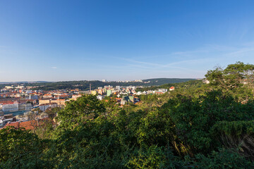 Fototapeta premium A view of the city of Brno in the Czech Republic in Europe. In the background is a blue sky with clouds.