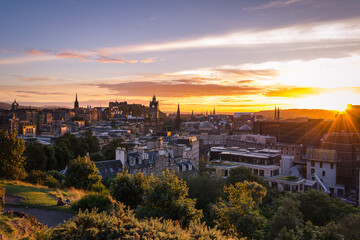 Edinburgh city view from Calton Hill at sunset, Scotland