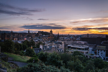 Edinburgh city view from Calton Hill at sunset, Scotland