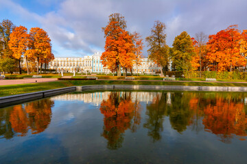 Catherine palace and park in autumn foliage, Tsarskoe Selo (Pushkin), Saint Petersburg, Russia